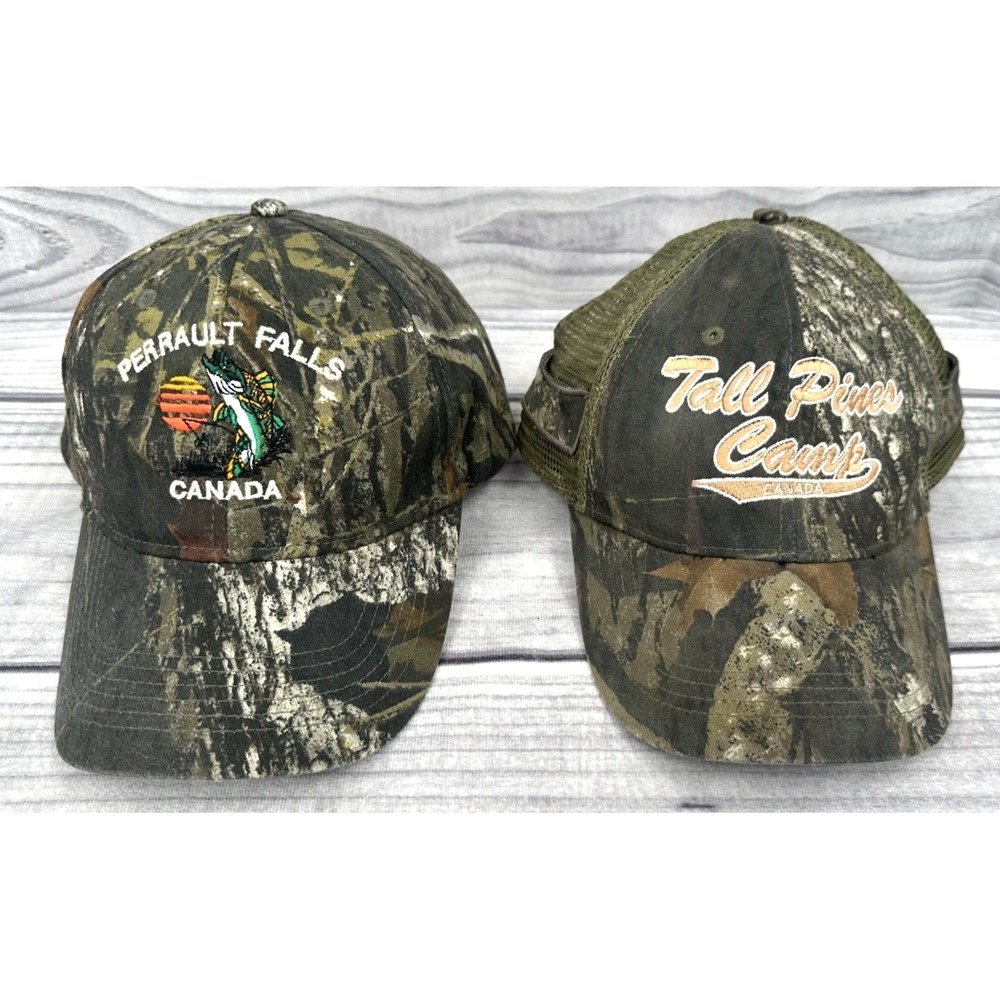 LOT OF 2 CANADA CAMO SNAP BACK BASEBALL CAPS - TALL PINES‎ CAMP / PERRAULT FALLS